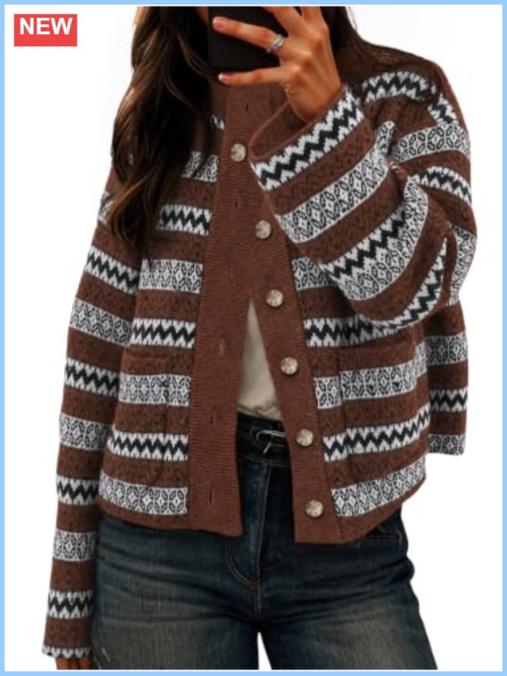 Fair Isle Cardigan Long Sleeve Mock Neck Fall Knit Sweater Button Down